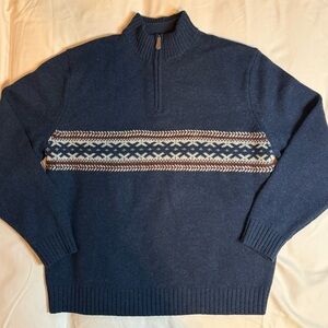 Eddie Bauer Men's Zip-Up Lambswool Sweater in Navy with Patterned Stripe